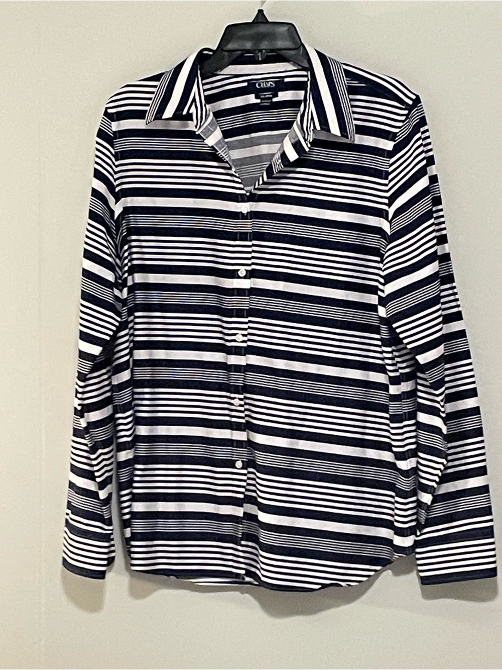 Chaps Black and White Striped Women's Button-Up Blouse. Item #11538